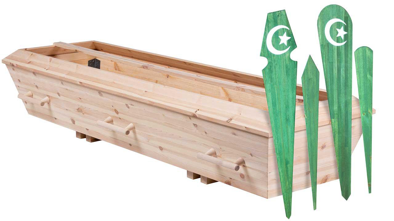  Kista anpassad för muslimsk begravning och gravmarkör.